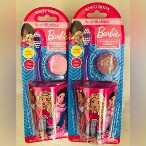 Barbie 3pc brush buddies soft ergonomic toothbrush cap and rinsing‎ cup set new